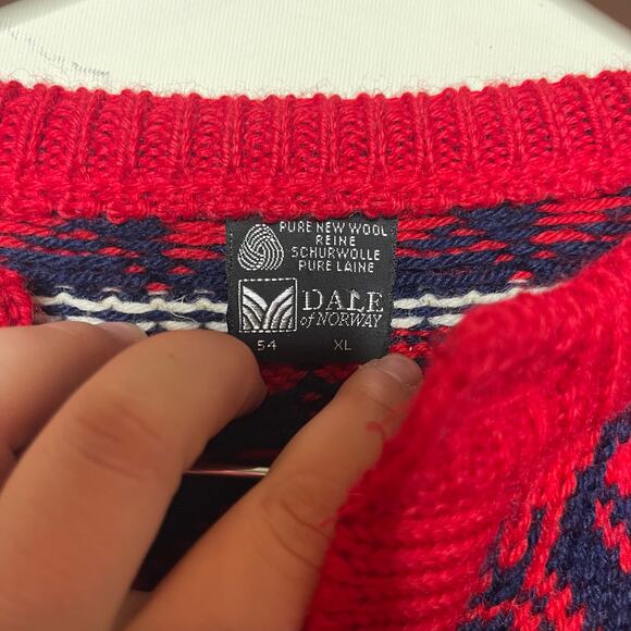 Dale of Norway Vintage Red Navy Fair Isle 100 Pure Wool Knit Cardigan Sweater XL - Picture 2 of 7